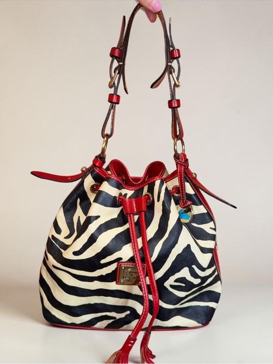 Dooney & Bourke Handbags - REHAB Dooney & Bourke Red Trim Zebra-Print Drawstring Bucket Bag